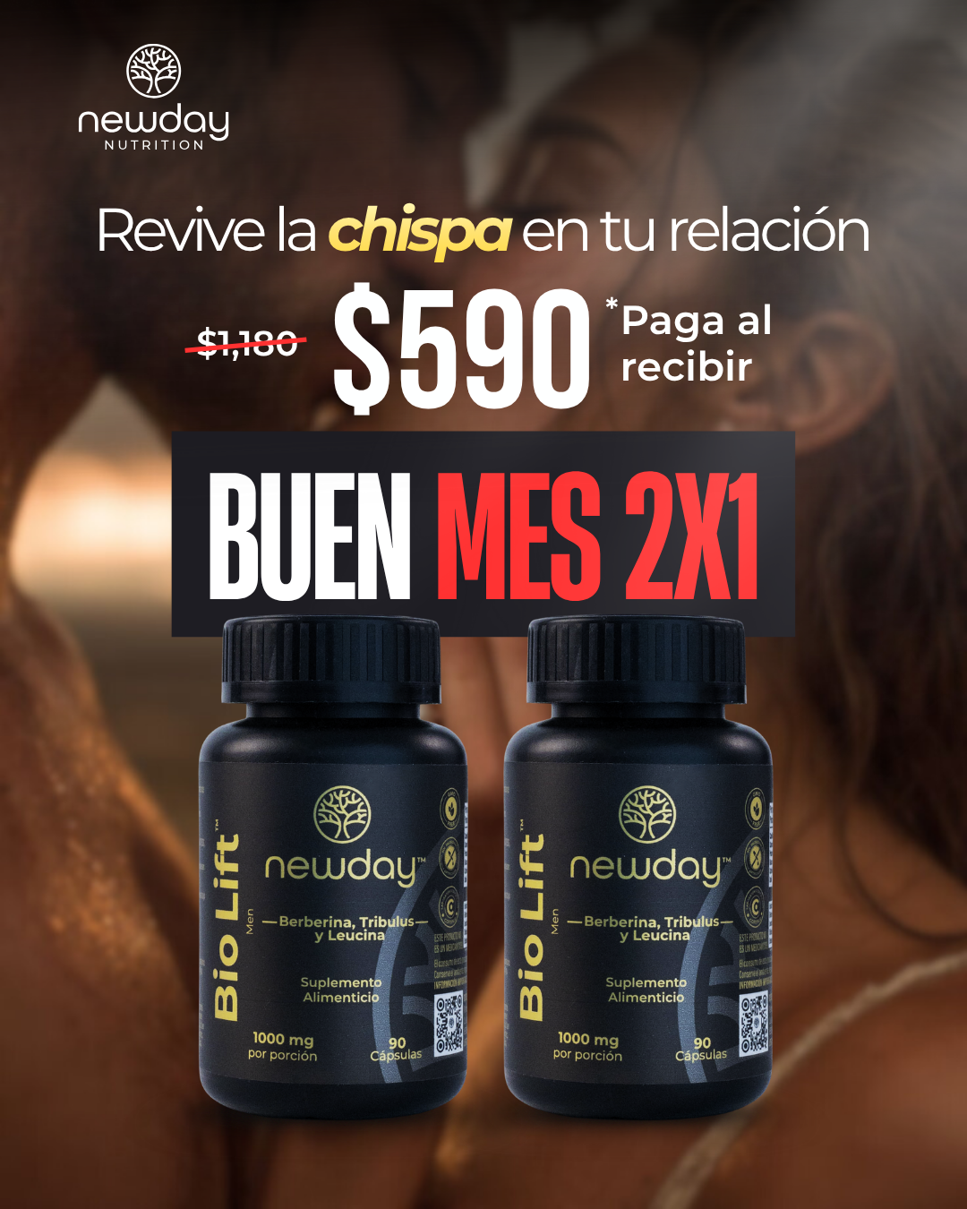 2X1 Bio Lift Men - Suplemento natural para hombres con Tribulus, Berberina y Leucina, 90 cápsulas