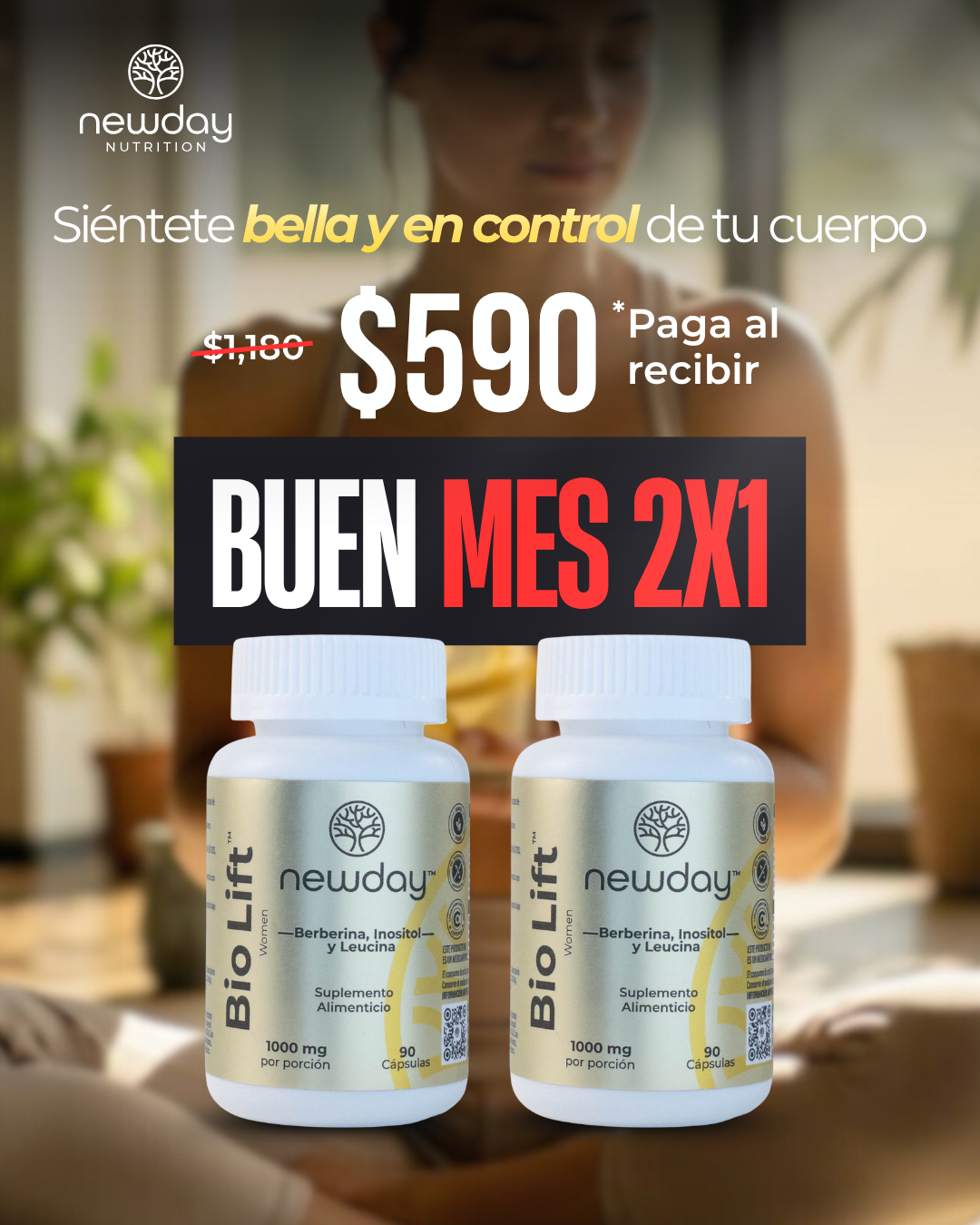 2X1 Bio Lift Women – Suplemento Natural para Mujeres con Myo-Inositol, Berberina y Leucina, 90 cápsulas